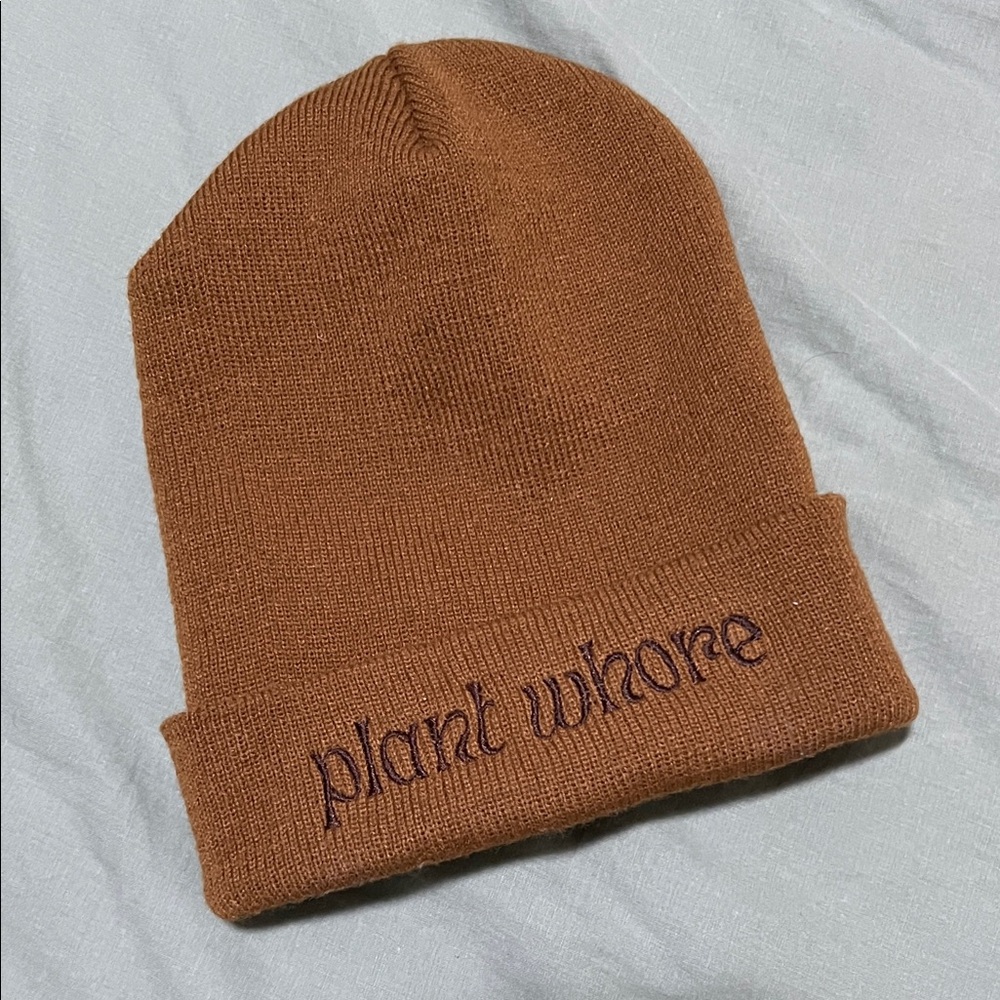 Brown Knit Beanie with Embroidered Text